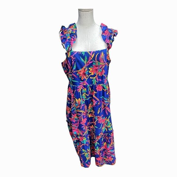 J. Crew Square Neck Bold Multicolor Midi Dress Size 14 Boho - Picture 1 of 9